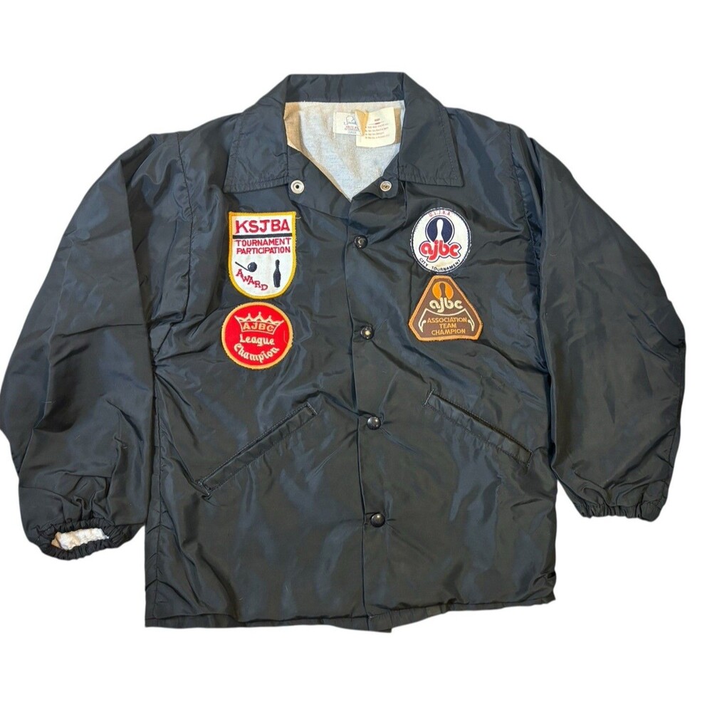 Vtg 1970s Speedline Windbreaker Jacket Medium Black Bowling Patches